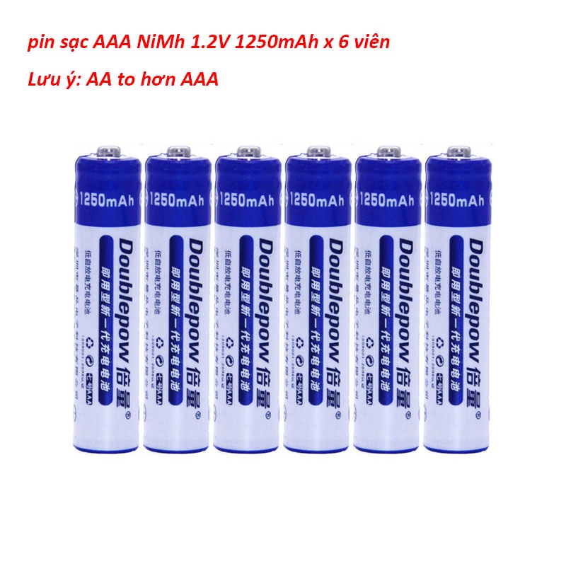 Bộ 6 pin sạc Ni-Mh 1.2V AAA Doublepow 1250mAh Cam Kết Dung Lượng Thật