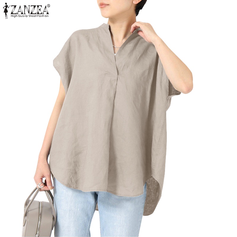 Áo kiểu ZANZEA tay ngắn cổ chữ V màu trơn thời trang dành cho nữ