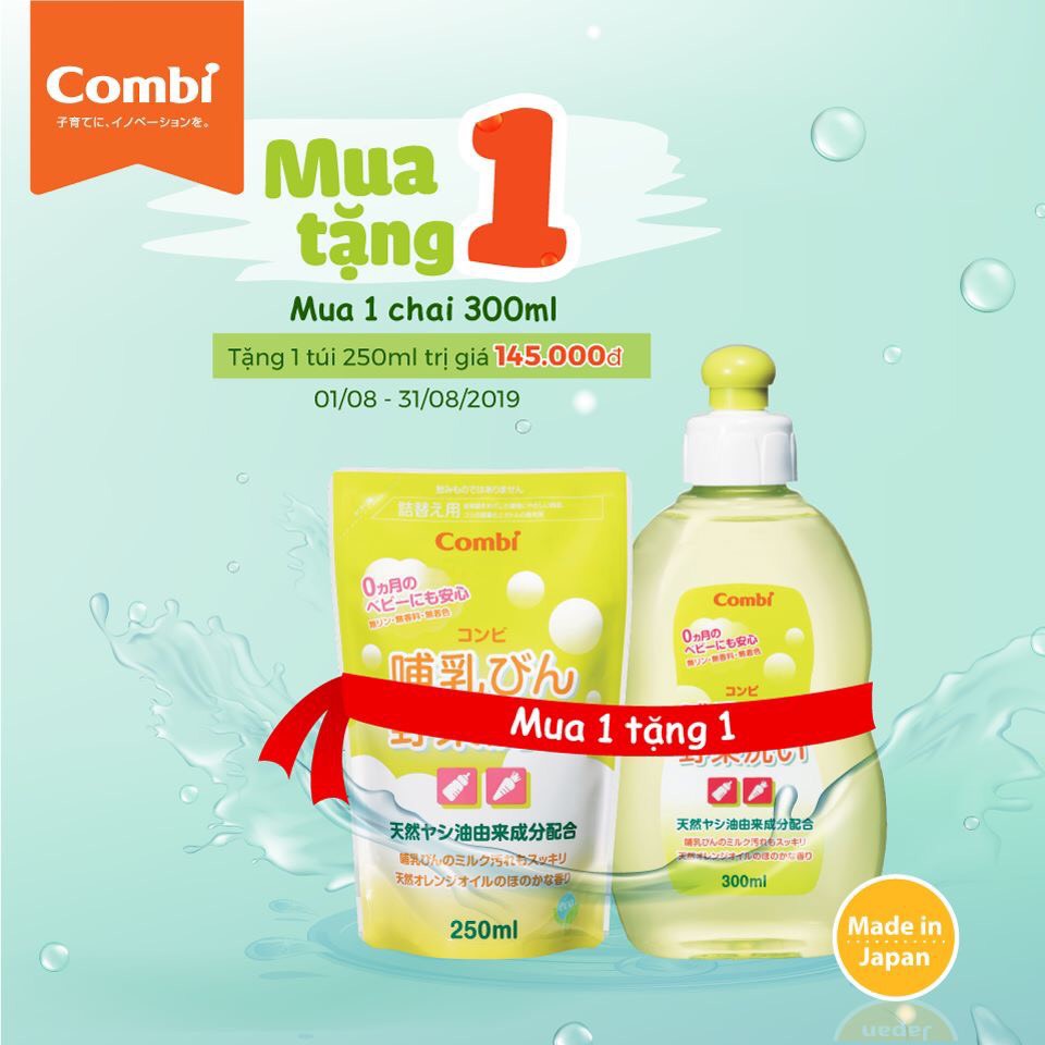 Combo Chai + Túi dung dịch rửa bình sữa và rau quả Combi