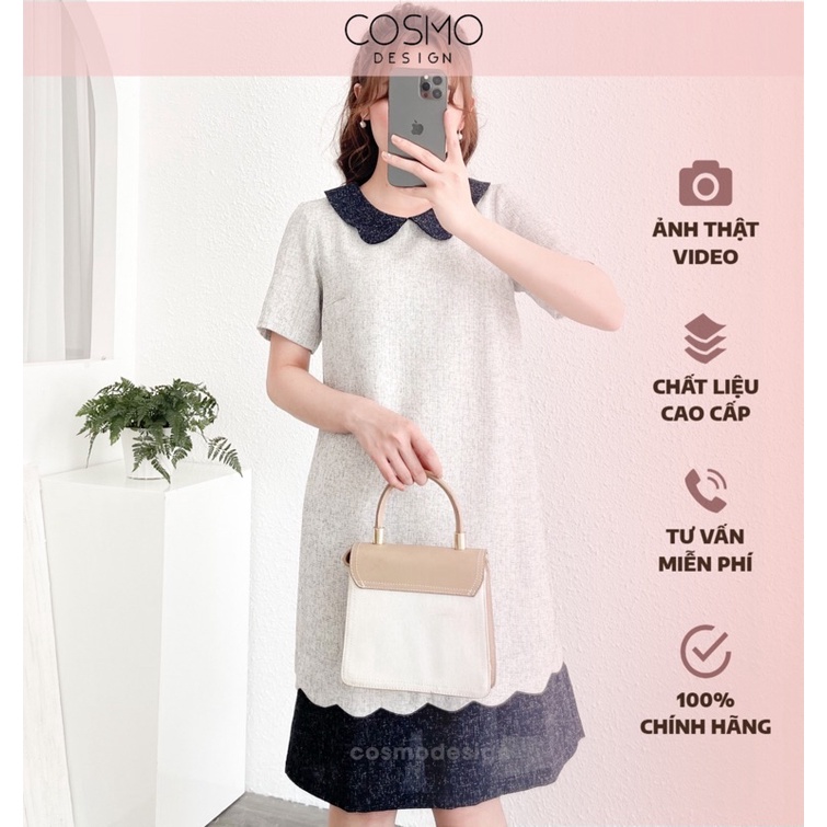 Váy thiết kế dáng suông COSMO Design đầm cổ sen vải tweed chân váy phối màu kiểu dáng thanh lịch 6888