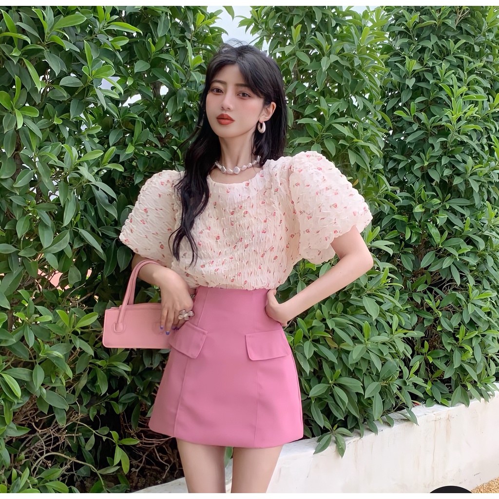 Set bộ tiểu thư áo tay bồng chân váy chữ A chất liệu tơ đũi 2 màu 3 size cho nữ từ 40 - 65 kg