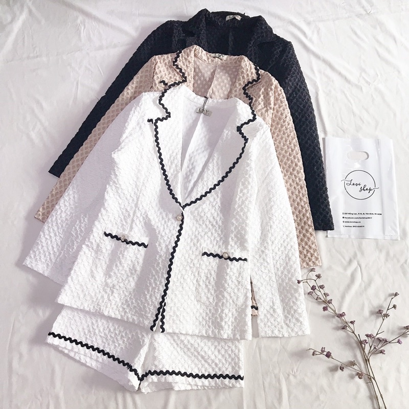 Set vest xốp viền áo vest tay dài kèm quần short 3 màu Lovi