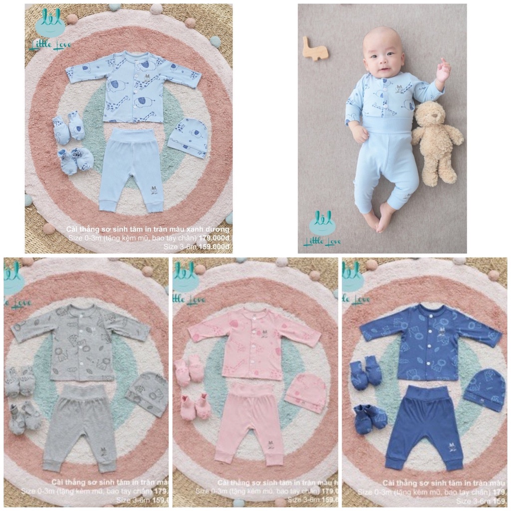 Bộ sơ sinh dài tay cúc thẳng cạp cao vải thun tăm mềm co giãn 4 chiều Little Love cho bé trai bé gái sale