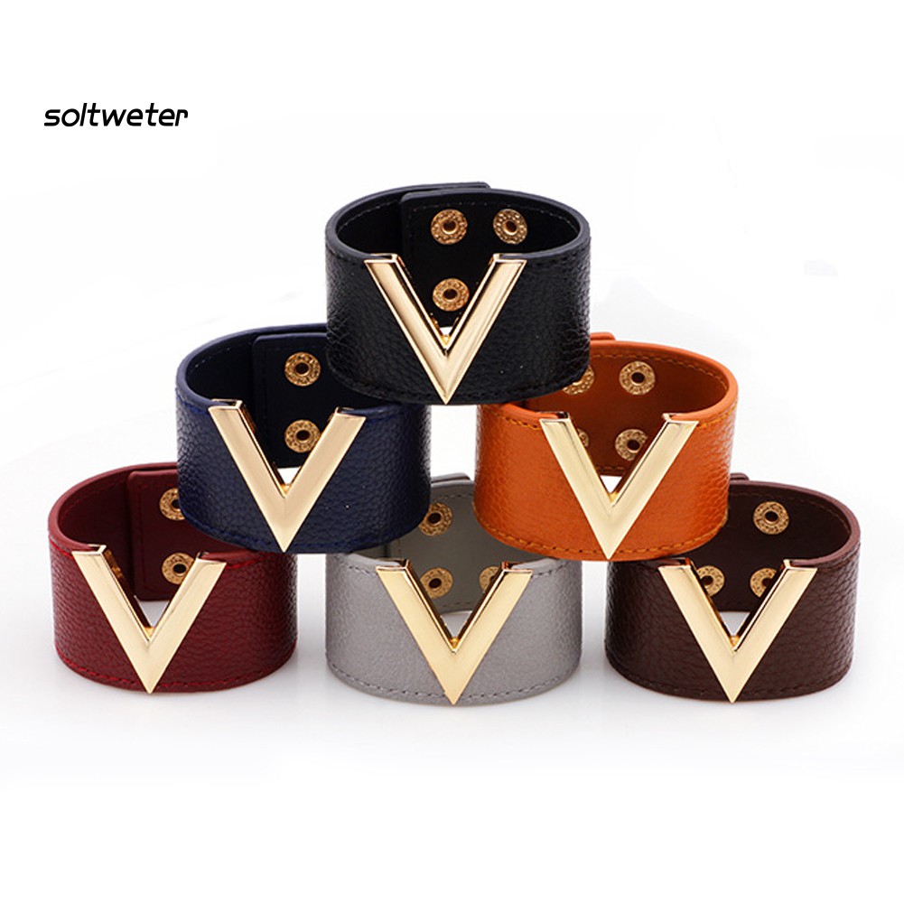 Vòng tay nữ chữ v bản to da giả thời trang