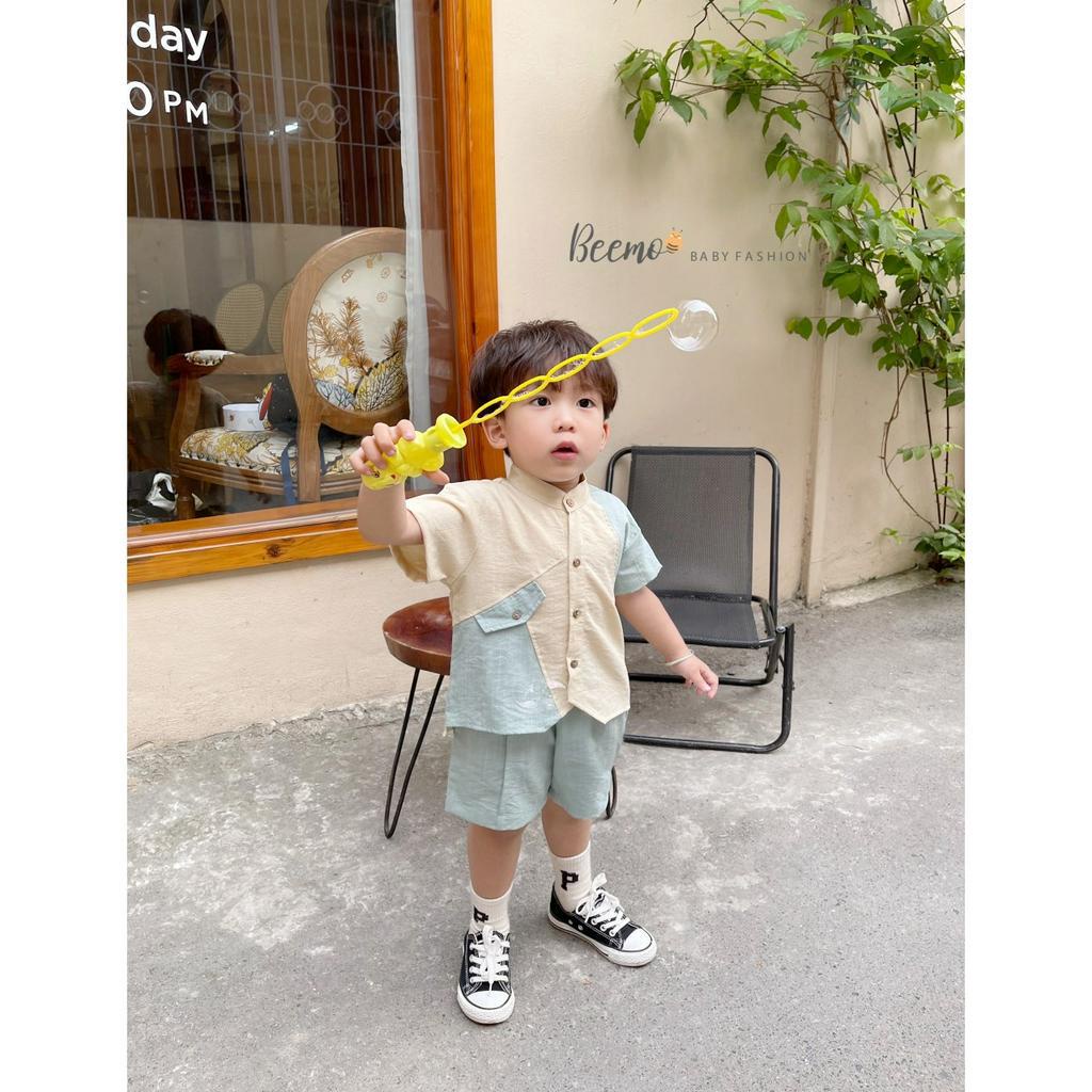 Set sơ mi phối tay thân chéo cá tính cho bé trai(9-23kg)