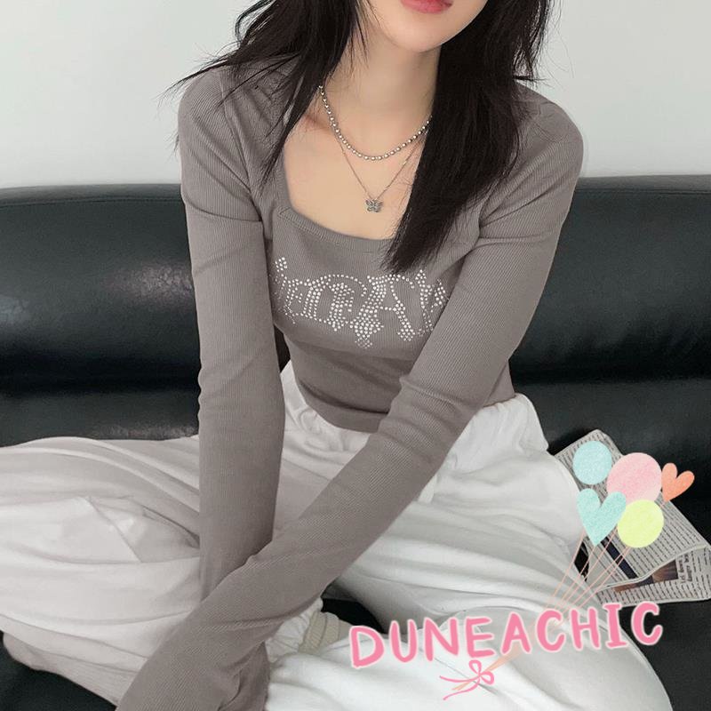 DUNEA Áo kiểu DUNEA tay dài cổ vuông họa tiết đính đá long lanh xinh xắn thời trang dành cho nữ