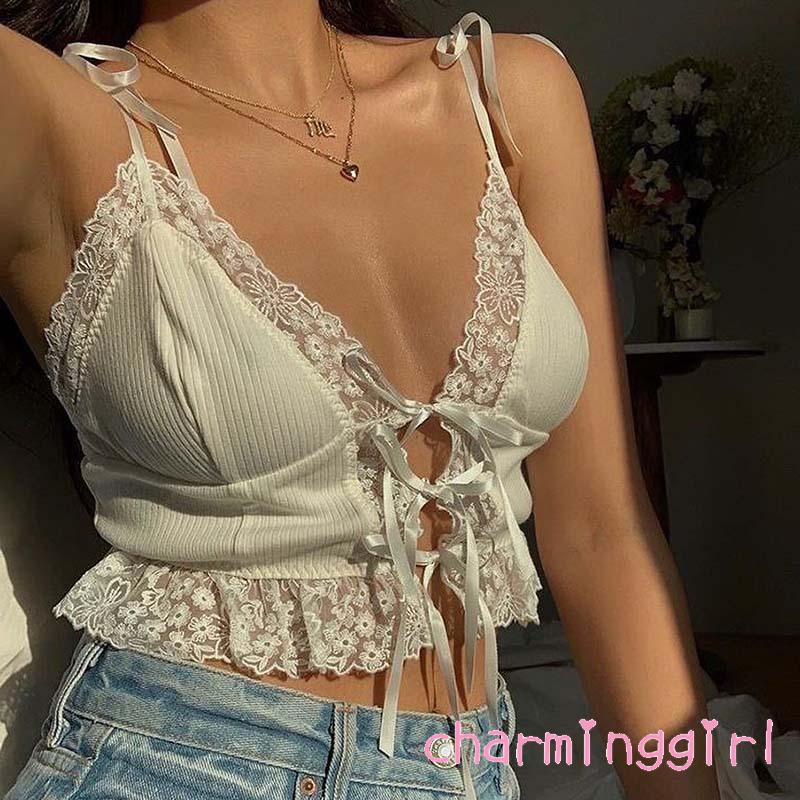 Áo Hai Dây Cổ Chữ V Màu Trơn Phối Ren Quyến Rũ Dành Cho Nữ