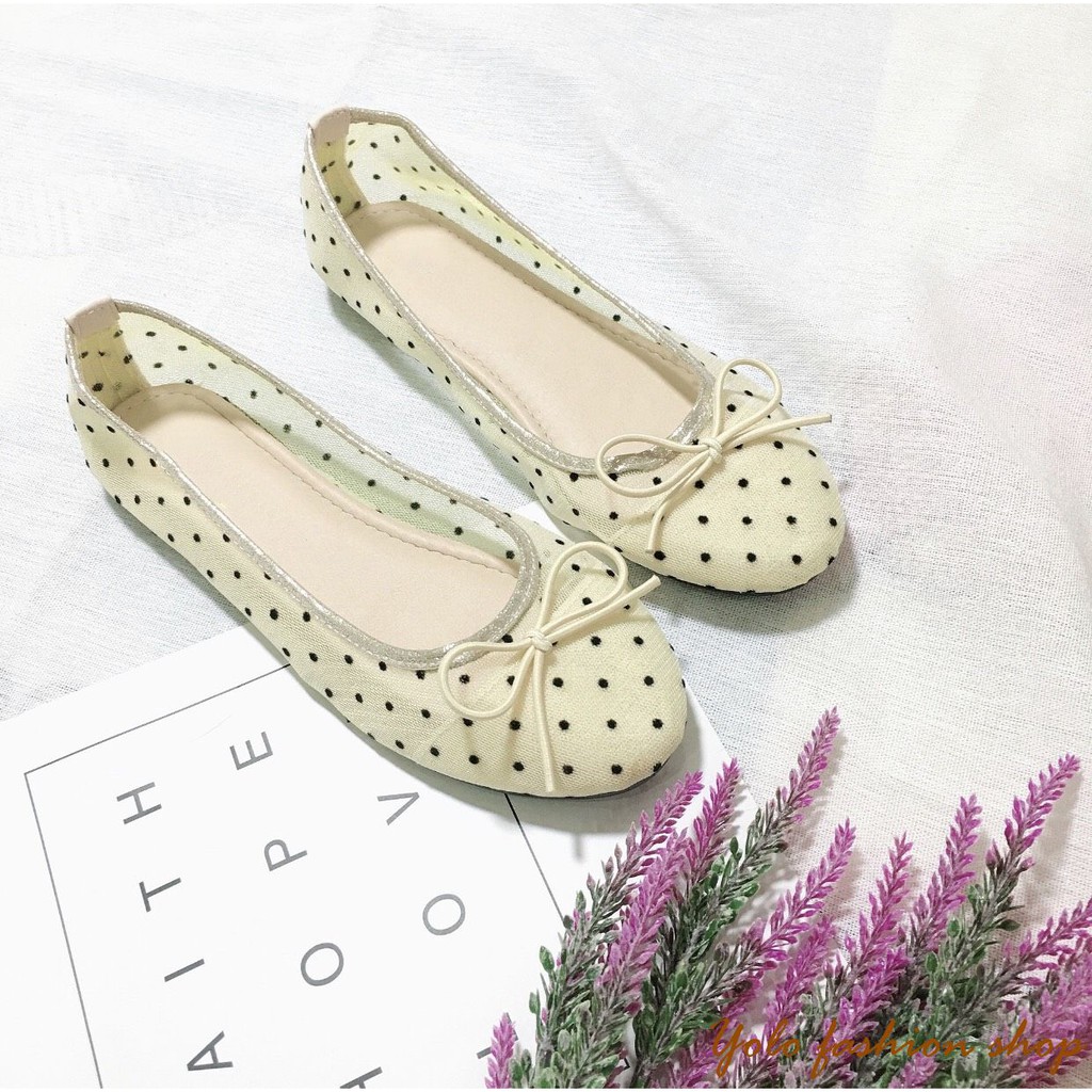 Hình thật B4-Giày bệt búp bê nữ phối lưới chấm bi xinh xắn | BigBuy360 - bigbuy360.vn