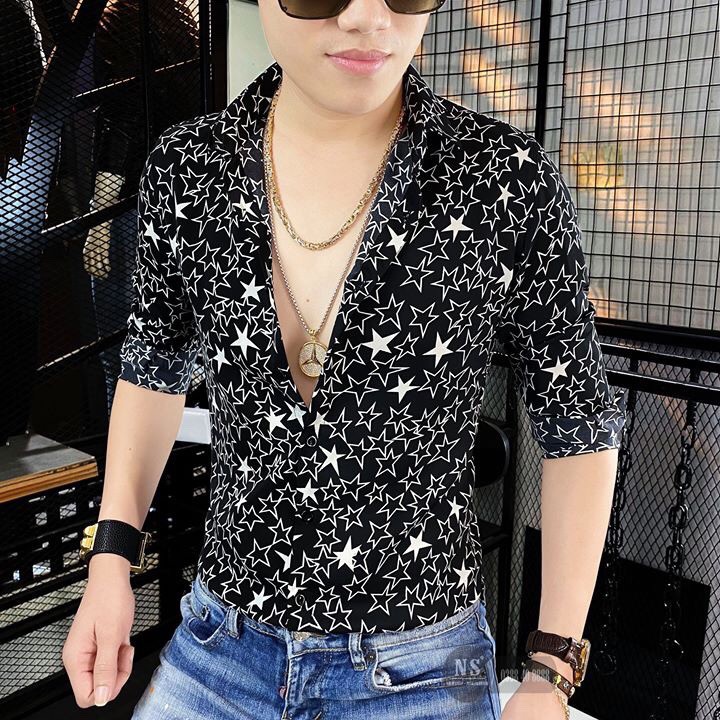 LQ Fashion - Áo sơ mi Nam dày tay với chất lụa kate mịn mát, in hoạ tiết 3D ngôi sao đầy cuốn hút - Hot trend