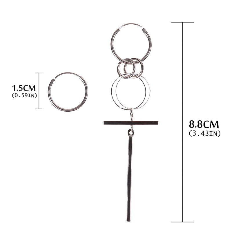 Khuyên tai dáng dài móc 3 hình tròn và 2 thanh dọc ngang độc đáo kèm khuyên tai bấm vòng tròn