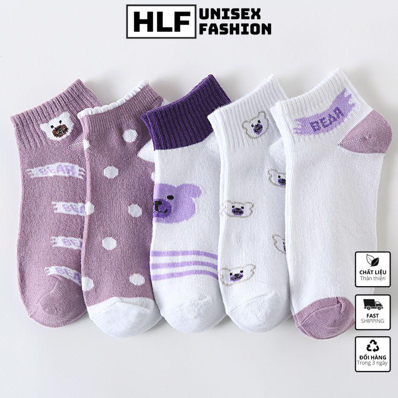 Tất vớ nữ Cotton cổ tròn in gấu tím, tất vớ cổ ngắn HLFashion