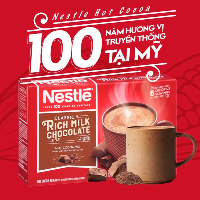 NESTLE CHOCOLATE 100% USA - BỘT CACAO NESTLE RICK MILK CHOCOLATE HỘP 6 GÓI - CACAO SOCOLA NGUYÊN CHẤT KHÔNG CAFEIN