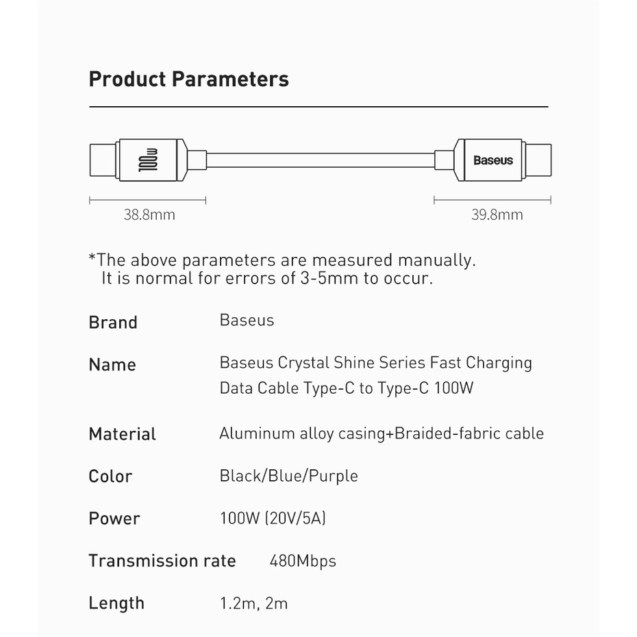 Cáp Sạc Nhanh Baseus 100W USB C Sang Type C Cho Macbook iPad 5A PD Xiaomi POCO X3 Pro Samsung Huawei