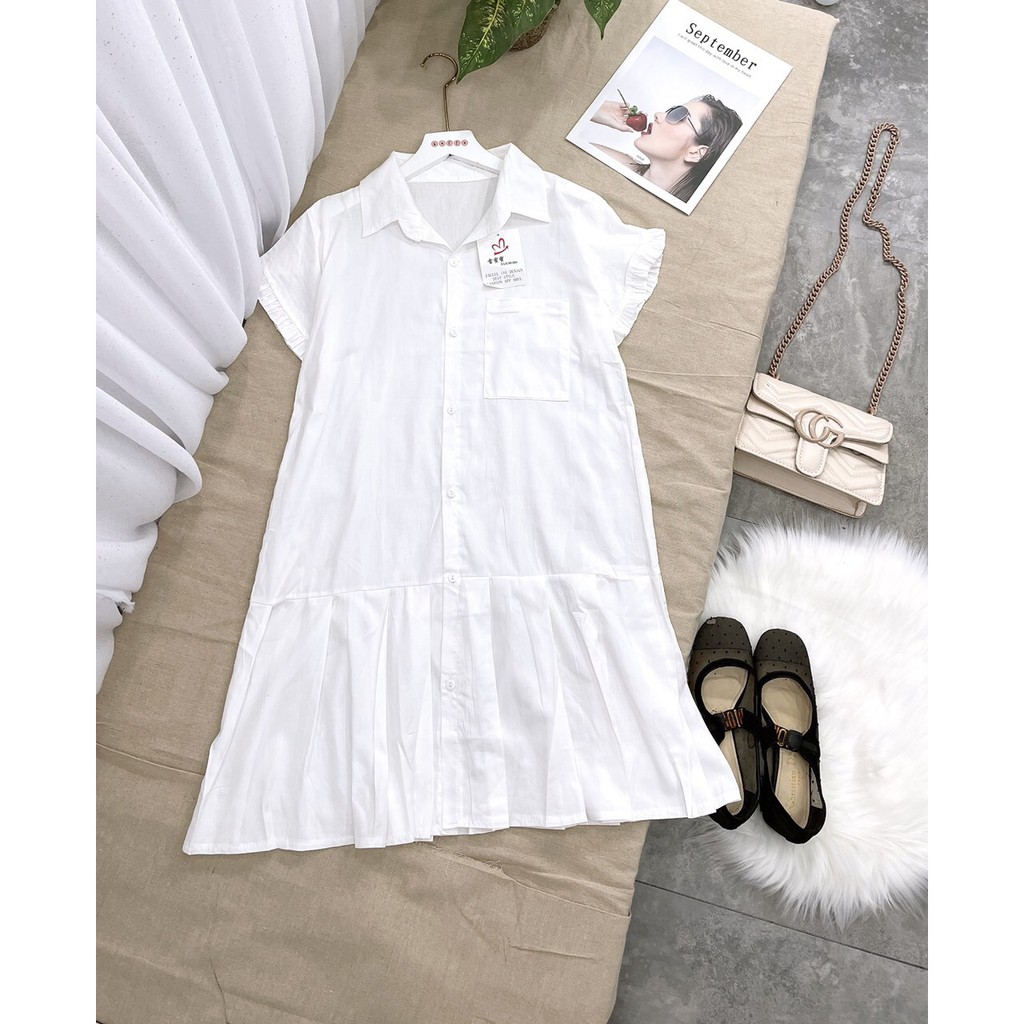 Đầm babydoll trắng cổ sơ mi chân váy đuôi cá xếp li Freesize 42-60kg  - XungStore | BigBuy360 - bigbuy360.vn