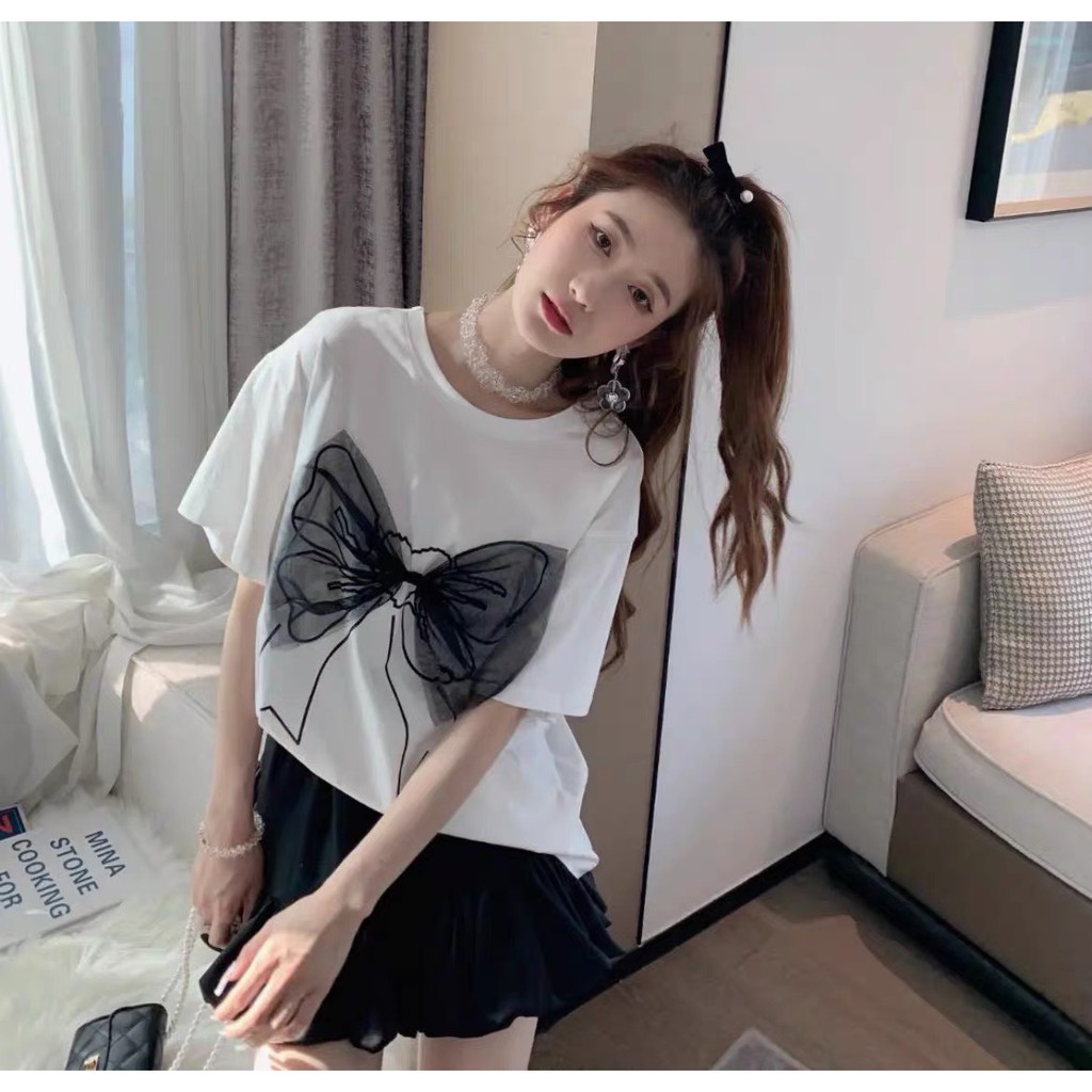 【 HOTTT TREND 】SET ÁO THUN / Sét nơ xinh yêu phối chân váy đen đuôi cá !!Áo cotton tàu đanh mịn đẹp