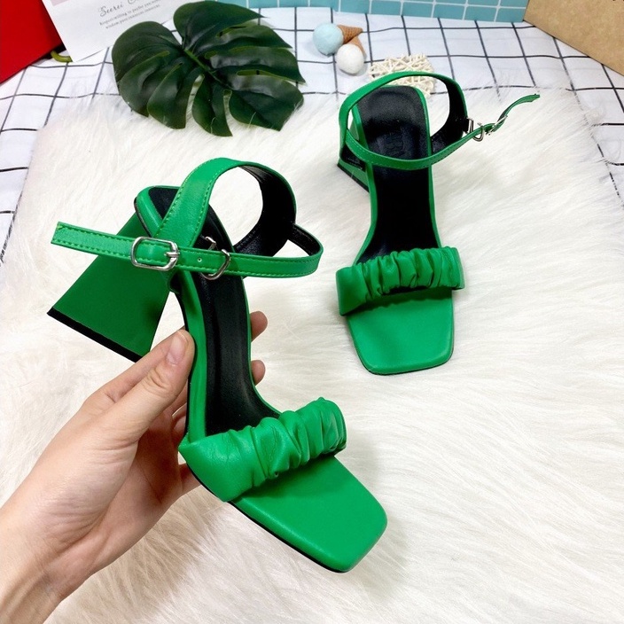 [ HOT HIT ] Giày Cao Gót Sandal Quai Ngang Thiết Kế Bèo Nhún Thời Trang, Gót Trụ Cao 8p - Gsd.quainhung