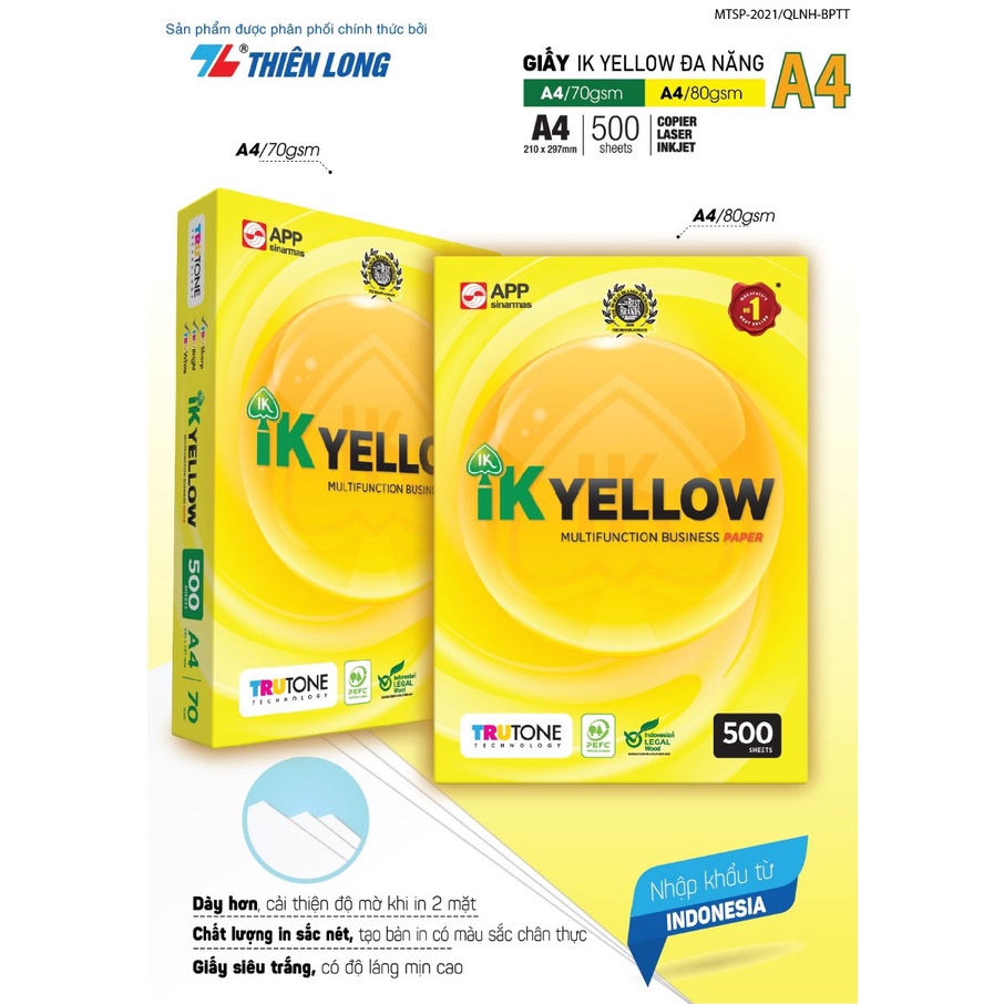 Ream giấy IK Yellow đa năng A4 80 gsm (500 tờ) - Hàng nhập khẩu Indonesia