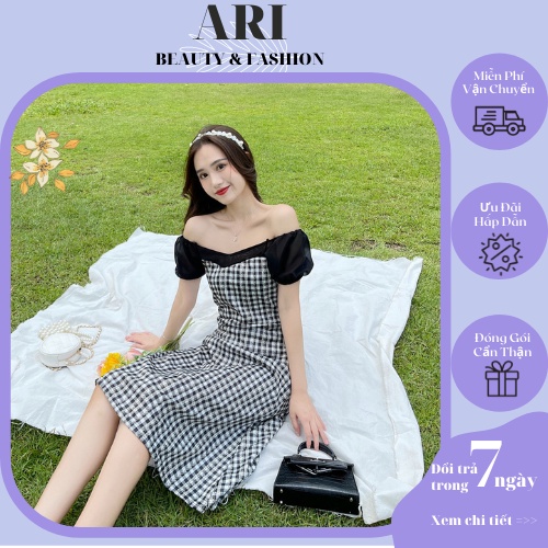 Đầm xinh tay bồng dáng dài, Đầm midi kẻ mặc hai kiểu thời trang nữ mùa hè công sở, đi chơi, đi đám cưới
