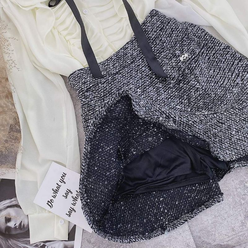 Set áo voan cổ sen nơ cổ mix chân váy bố | BigBuy360 - bigbuy360.vn