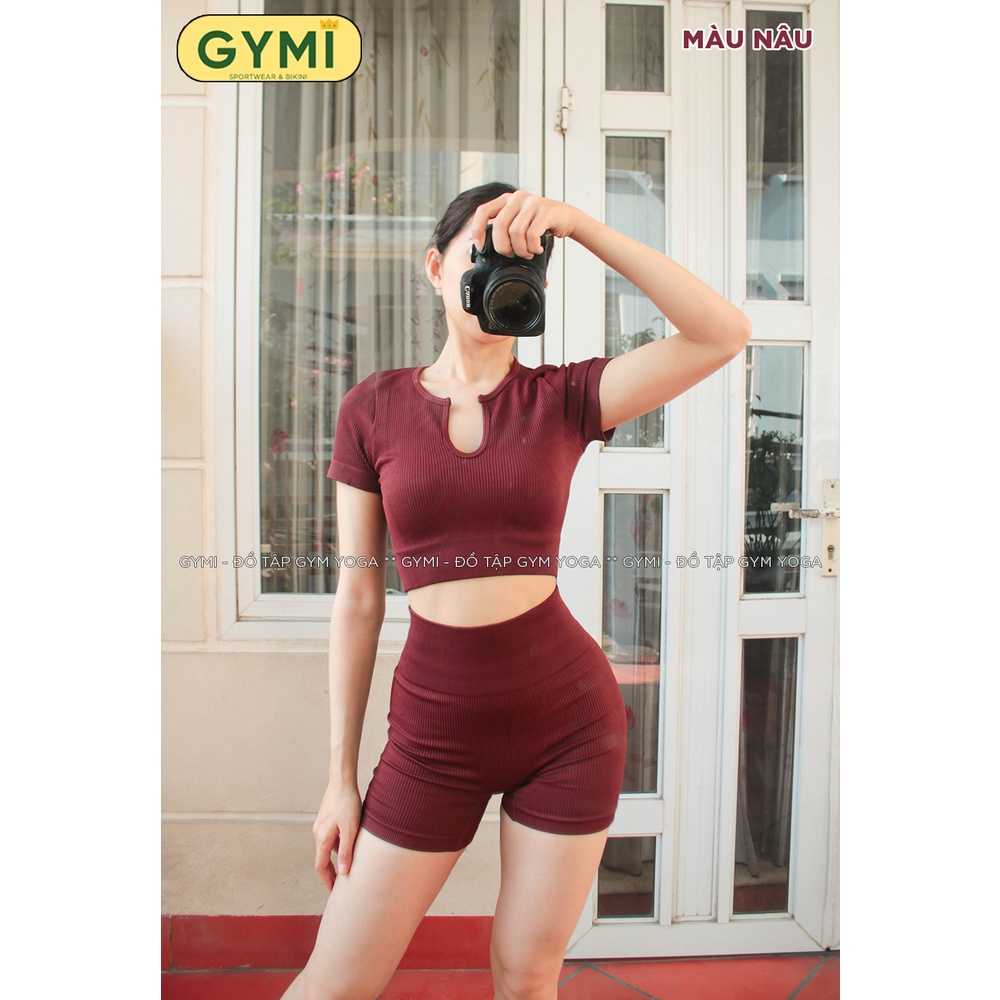 Set bộ đồ tập gym yoga nữ dáng lửng GYMI SET13 gồm áo ngắn tay và quần short chất thun gân dệt kim thể thao