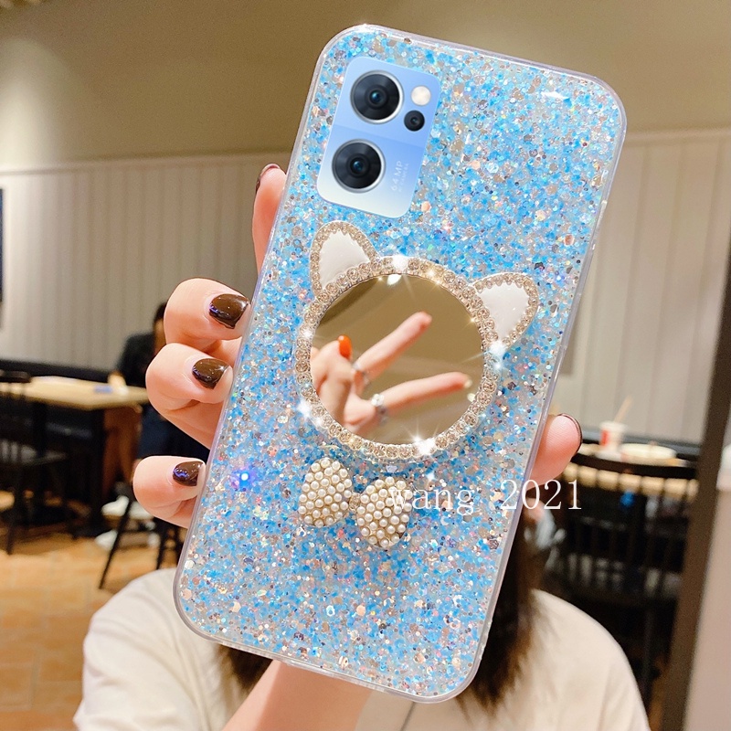 Ốp Điện Thoại Silicon Dẻo Gắn Gương Trang Điểm Hình Nơ Đính Đá Lấp Lánh 2022 OPPO Reno7 Z 5G 4G Reno7 Pro
