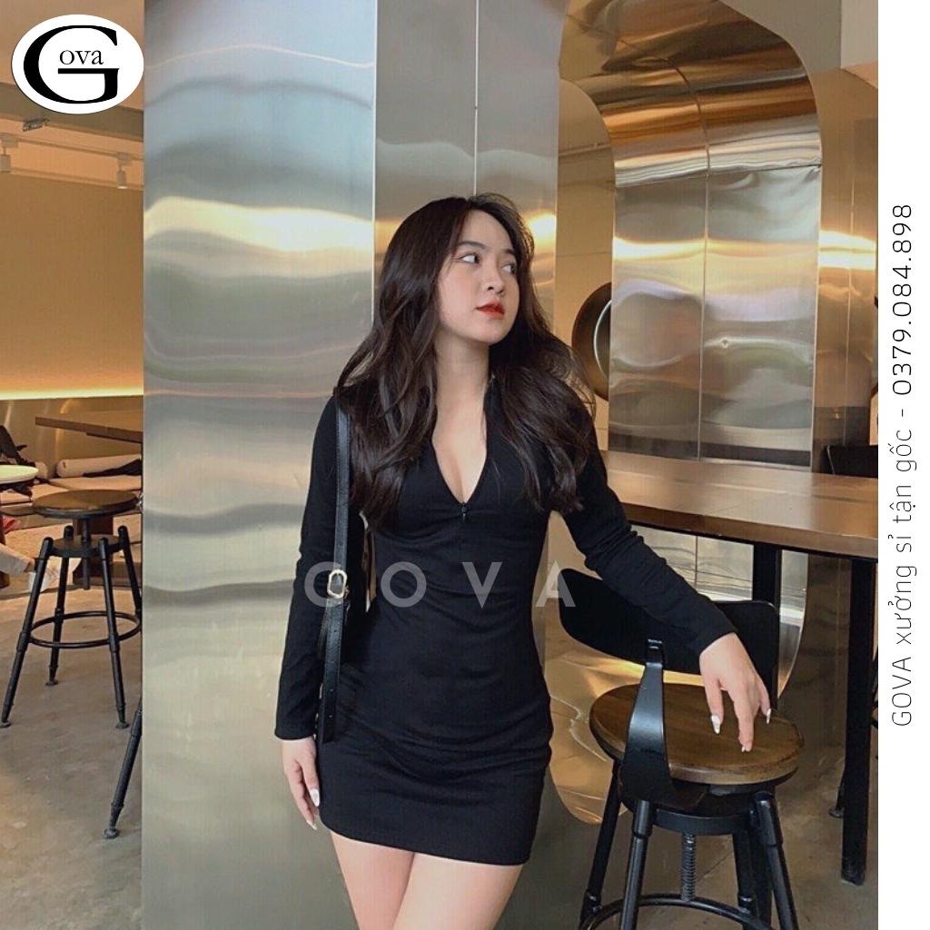 Đầm Body Phối Khoá Kéo Trước Thiết Kế Cổ Chữ V Quyến Rũ Váy Ôm Dáng Nhún Eo Nữ Dài Tay GOVA