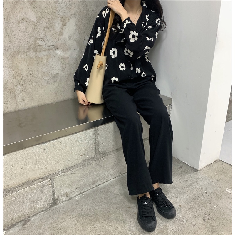 Áo Sơ Mi Tay Dài Dáng Rộng Cỡ Lớn In Hoa Kiểu Retro Hàn Quốc Cá Tính