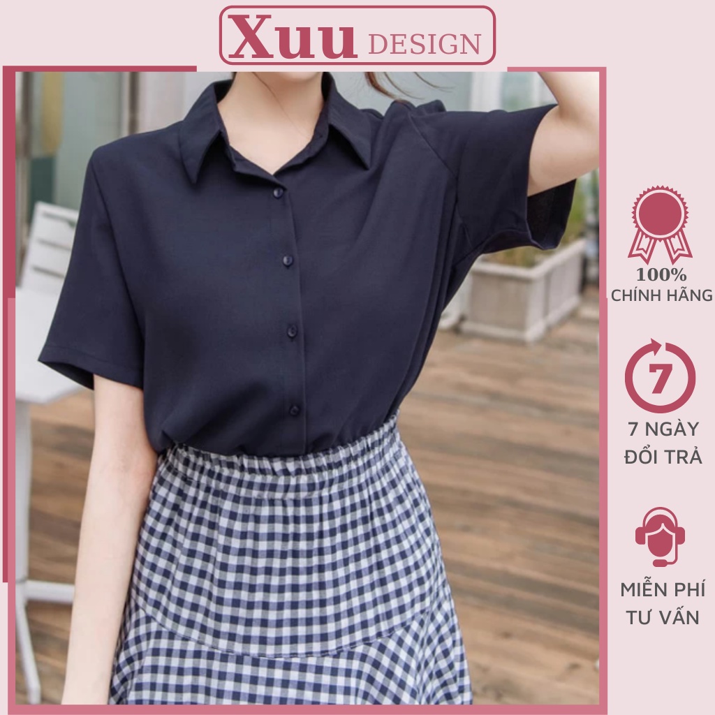 Áo nữ cộc tay Xuu Design, áo sơ mi chất vải lụa hàn dáng suông mịn mát chống nhăn SM19 Đen
