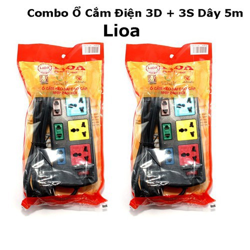 Ổ cắm LIOA 6 ổ đa năng dài 3-5m có công tắc - 3 ổ ba chấu 3 ổ hai chấu 2000W - model: 3D3S-Giadung24h - dq35kg