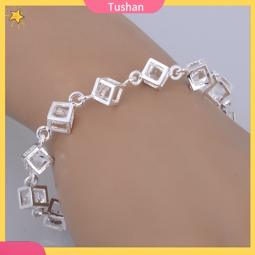 Vòng tay mạ bạc đính đá hình khối lập phương thời trang cho nữ