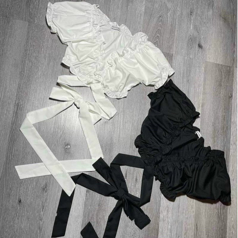 áo croptop ngắn tay voan tơ phối bèo cột nơ eo nữ tính dễ thương alohashop91