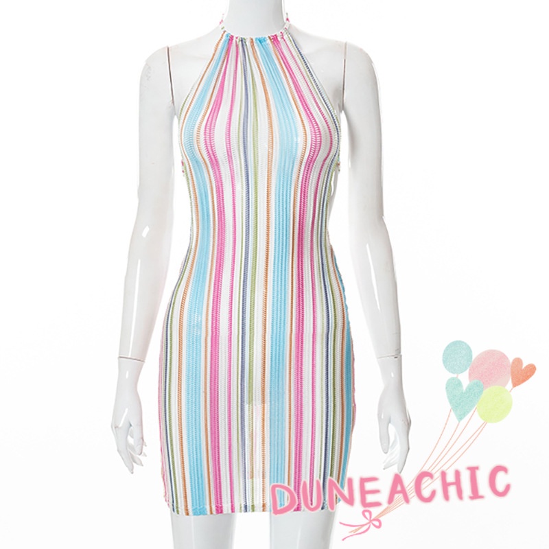 DUNEA Đầm dây dáng ngắn kẻ sọc thời trang quyến rũ