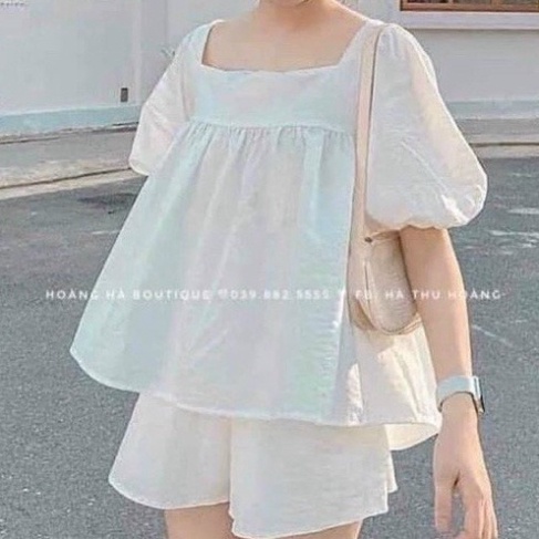 Bộ babydoll cổ hình vuông buộc dây chất đũi mát thiết kế tươi trẻ B5 Nội Y Xanh hàng đẹp trendy - nội y xanh