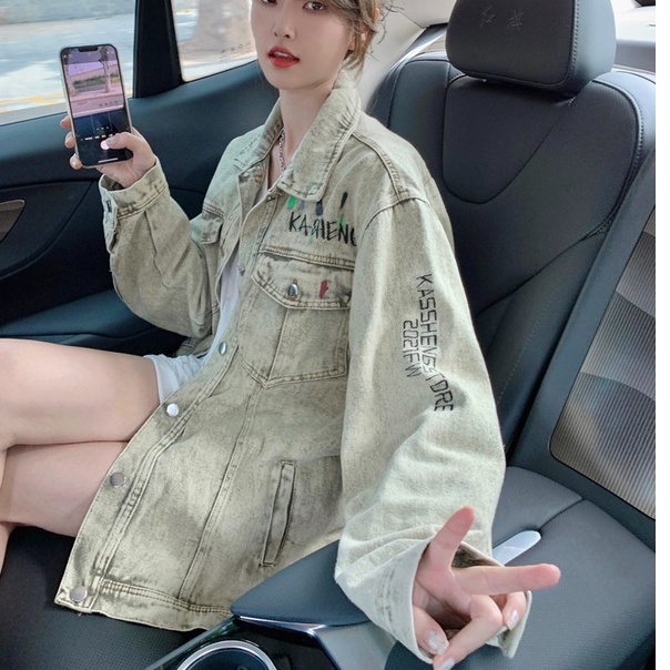 Áo khoác denim ZHELIHANGFEI dáng rộng họa tiết thêu phong cách cổ điển thời trang