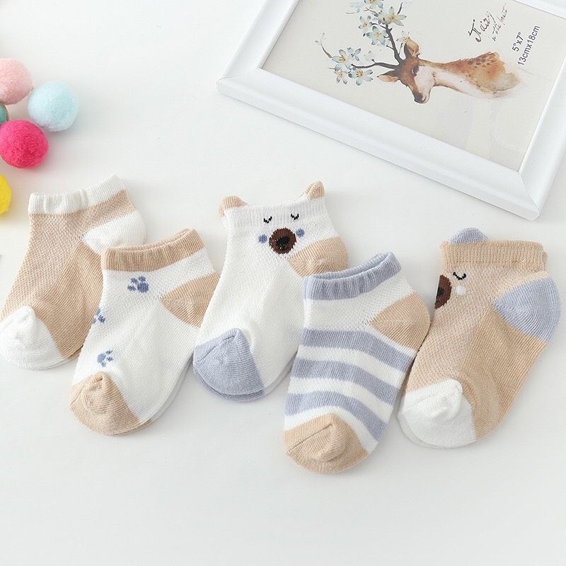 Set 5 đôi tất lưới điều hoà cổ thấp cotton co dãn 4 chiều thoáng khí cho bé