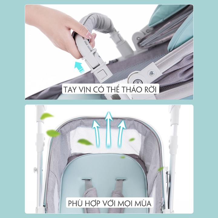 Xe đẩy cho em bé, Xe đẩy trẻ sơ sinh 2 chiều 3 tư thế cao cấp, nôi tháo rời bánh xe cao su có giảm sóc