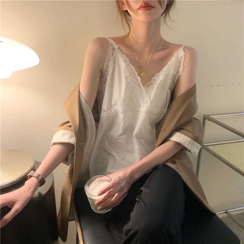 Áo Hai Dây Phối Ren Xinh Xắn Thời Trang Mùa Hè Quyến Rũ Cho Nữ