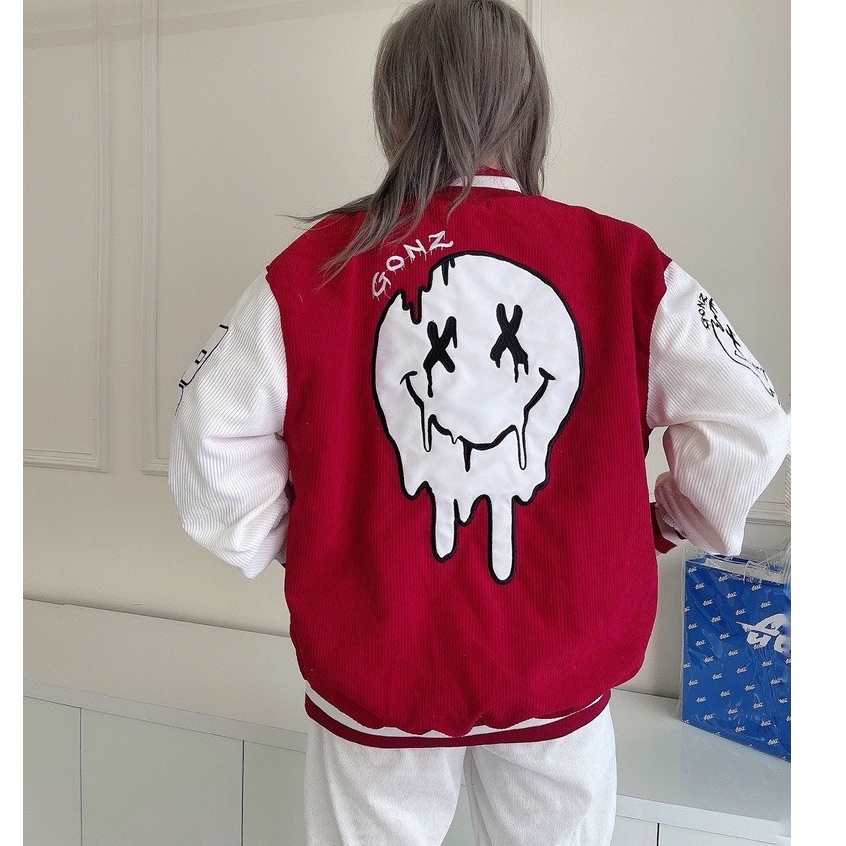 Áo varsity jacket Unisex Form rộng nhung tăm 2 lớp Hình thêu 100% Màu cam. Áo khoác bomber nam nữ Gonz Bóng chày