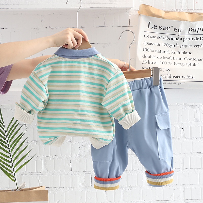 Bộ Áo Thun Polo Dài Tay Kẻ Sọc Nhiều Màu + Quần Dài In Hình Phi Hành Gia Dễ Thương Cho Bé Trai 1-5 Tuổi