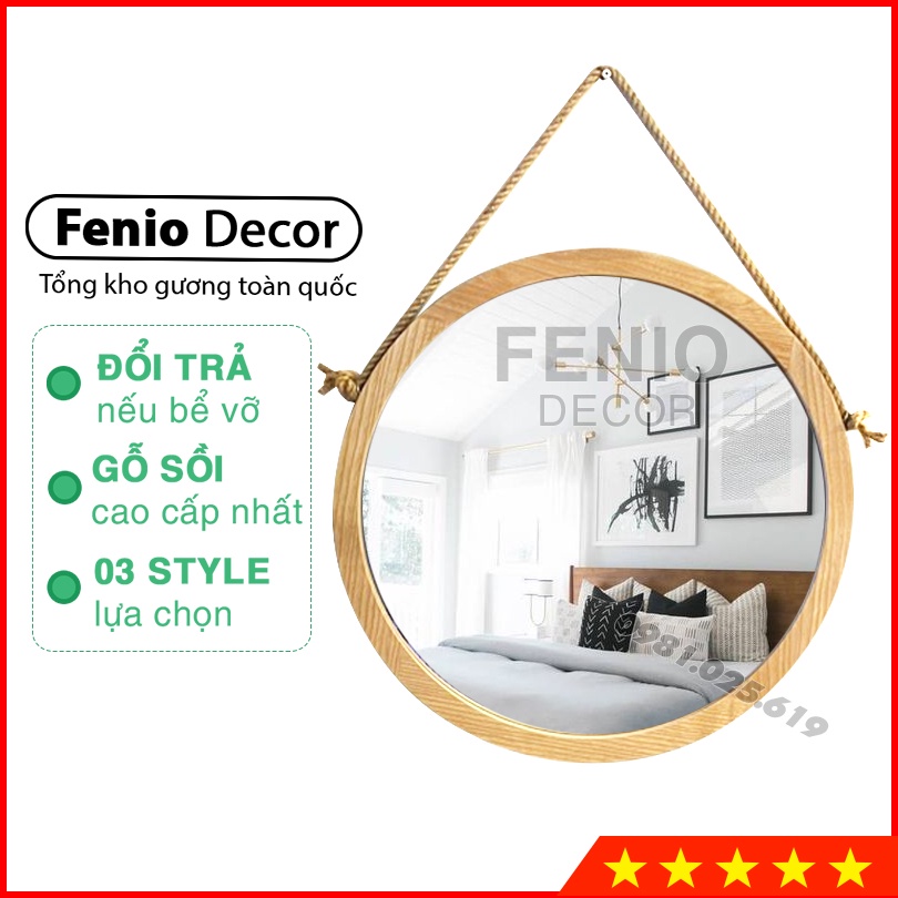 Gương tròn treo tường gương khung viền gỗ hình tròn dây thừng dây da decor phong cách SCANDINAVIAN Bắc Âu