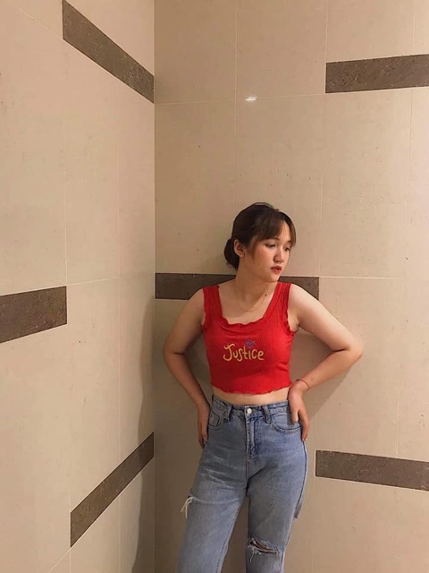 Áo croptop thêu chữ Justice 4 màu