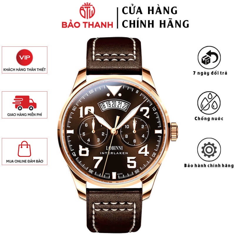 Đồng Hồ Nam LOBINNI No.16051B-4 Chính Hãng BH 24T Chịu Nước 50m Kính Chống Xước Dây Da Cao Cấp (Máy Cơ Tự Động)
