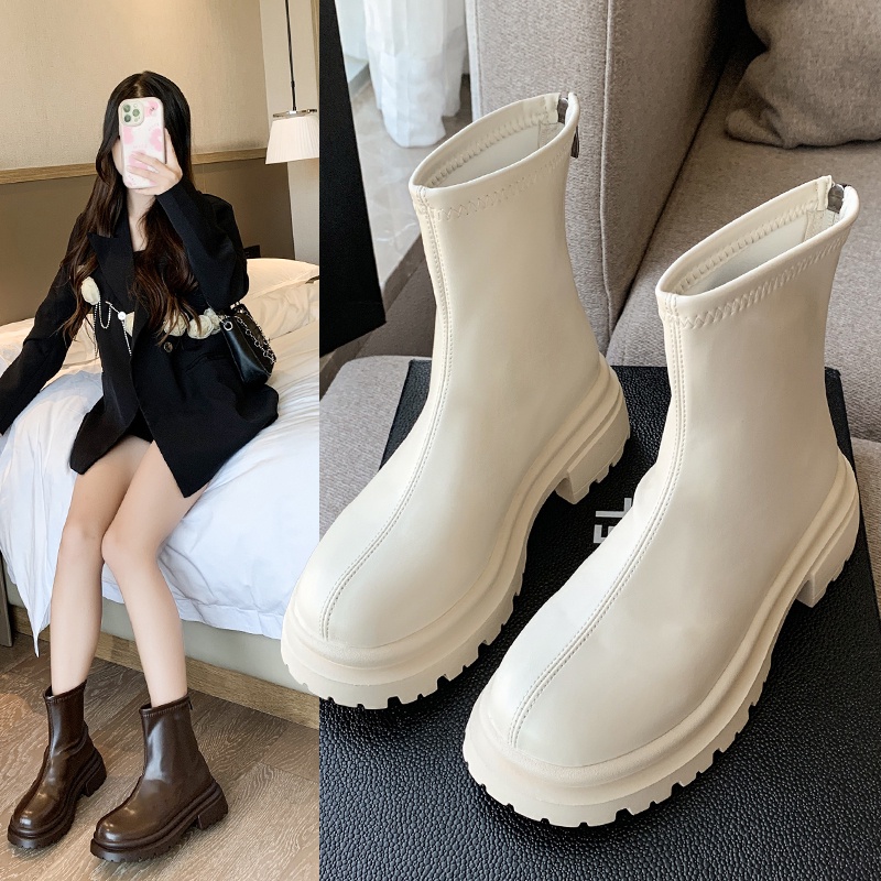 Giày Boot Cổ Ngắn Mũi Tròn Màu Trơn Phối Khóa Kéo Thời Trang Nữ