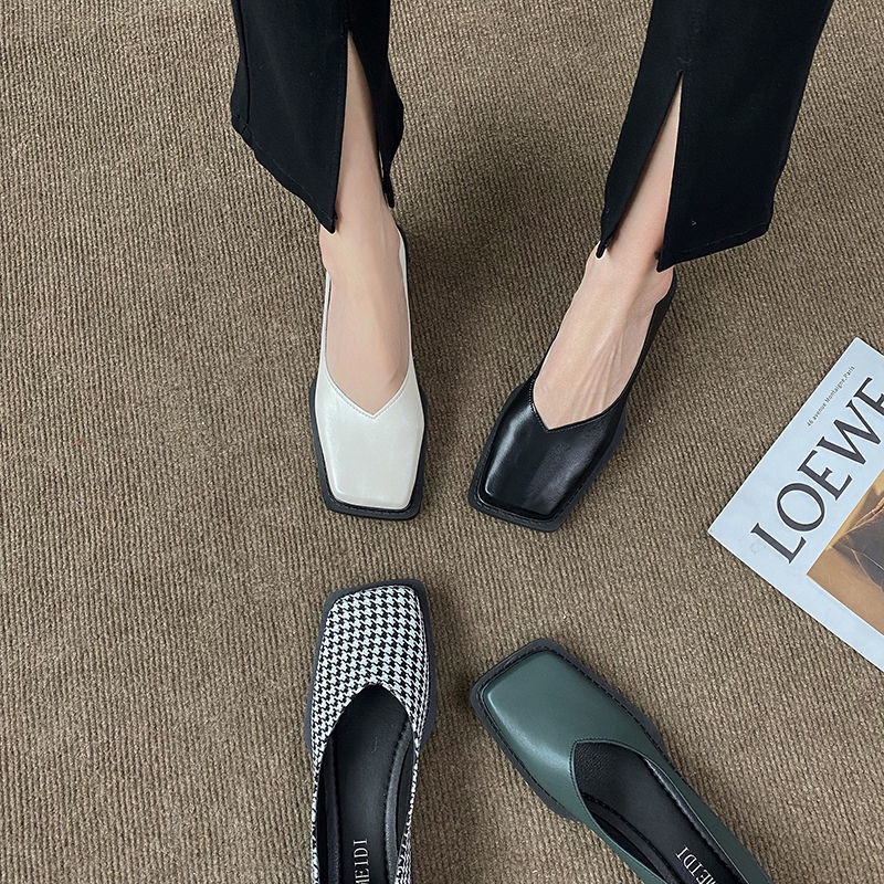 Giày Da Đế Bằng Mềm Mại Mũi Vuông Gót Thấp Phong Cách Anh Quốc Thời Trang Cho Nữ