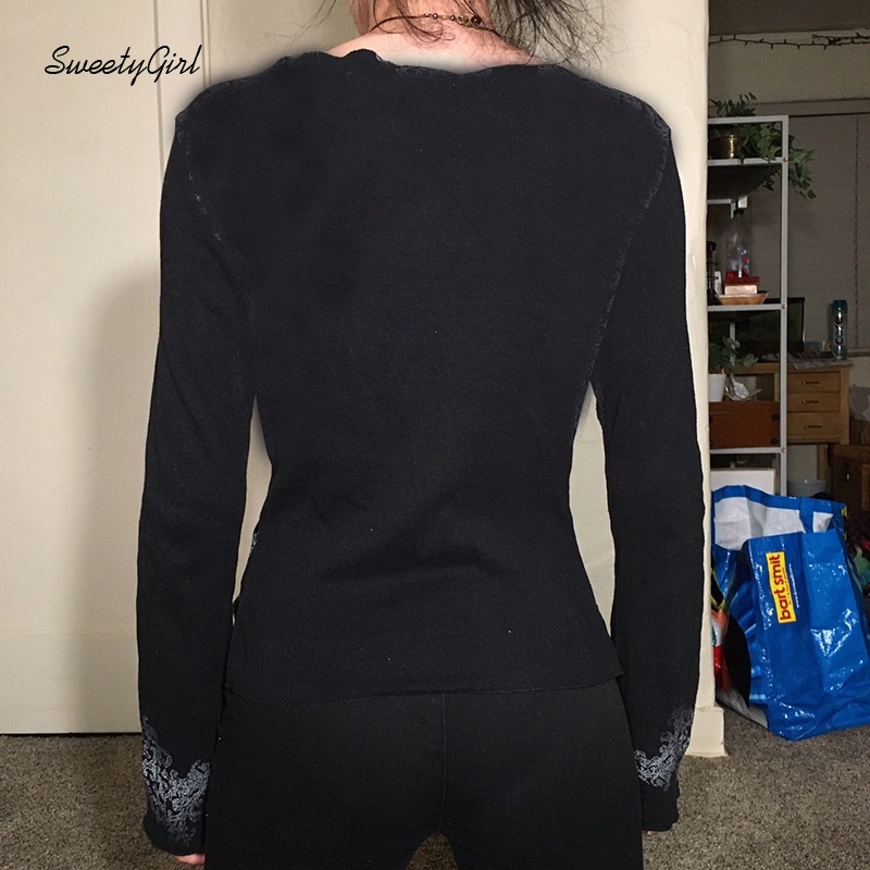 Áo Thun Tay Dài Cổ Chữ V In Họa Tiết Đôi Cánh Hoạt Hình Màu Tương Phản Dành Cho Nữ