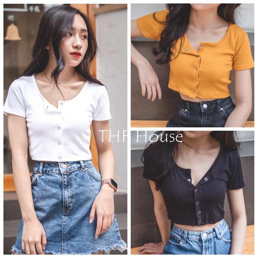Áo Croptop Nút Bấm Màu Trơn và Sọc Siêu Xinh THF House