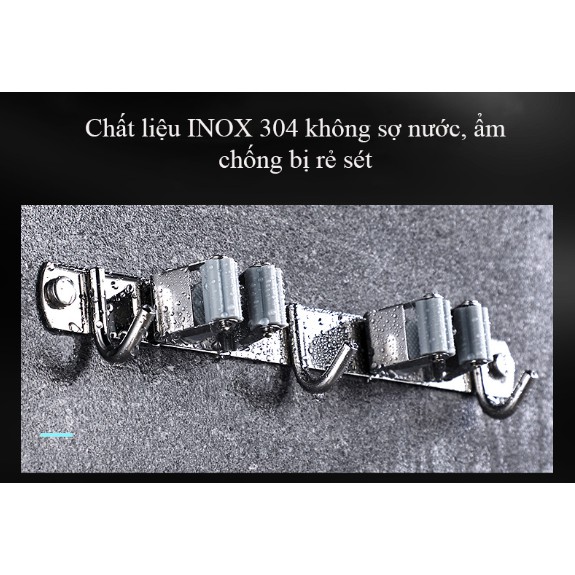 Bộ móc treo chổi, cây lau nhà, cọ chà toilet, khăn lau...chất liệu inox sus304-Tặng kèm keo dán và ốc vít
