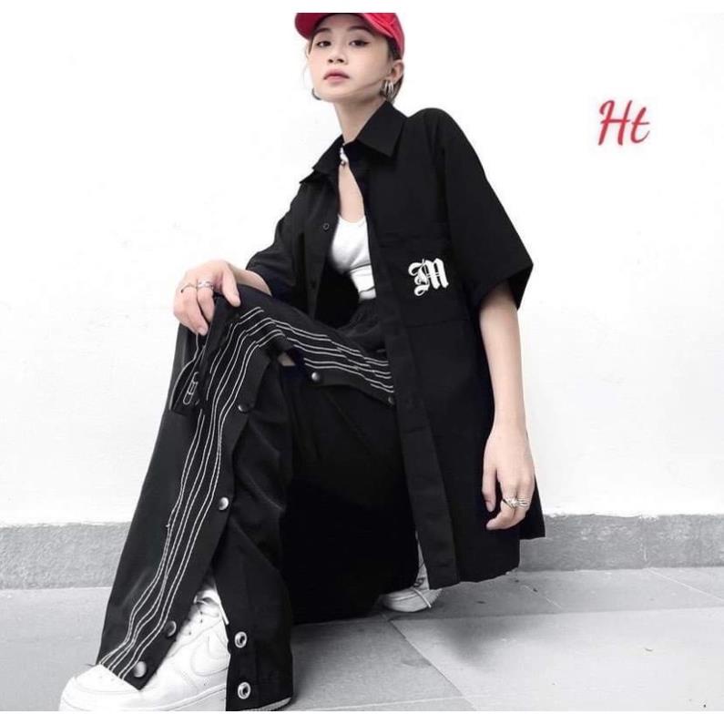 Áo sơ mi tay lỡ chữ M lượn cộc tay Ht