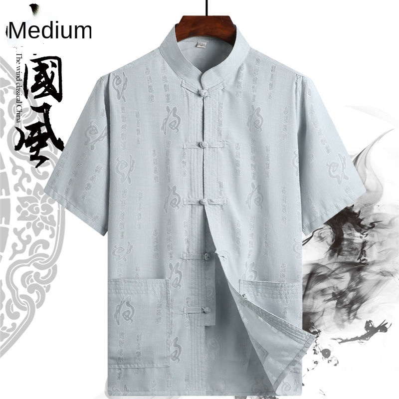 Áo sơ mi tay ngắn vải lanh cotton phong cách Trung Hoa thời trang mùa hè cho nam trung niên 50 tuổi 60 tuổi