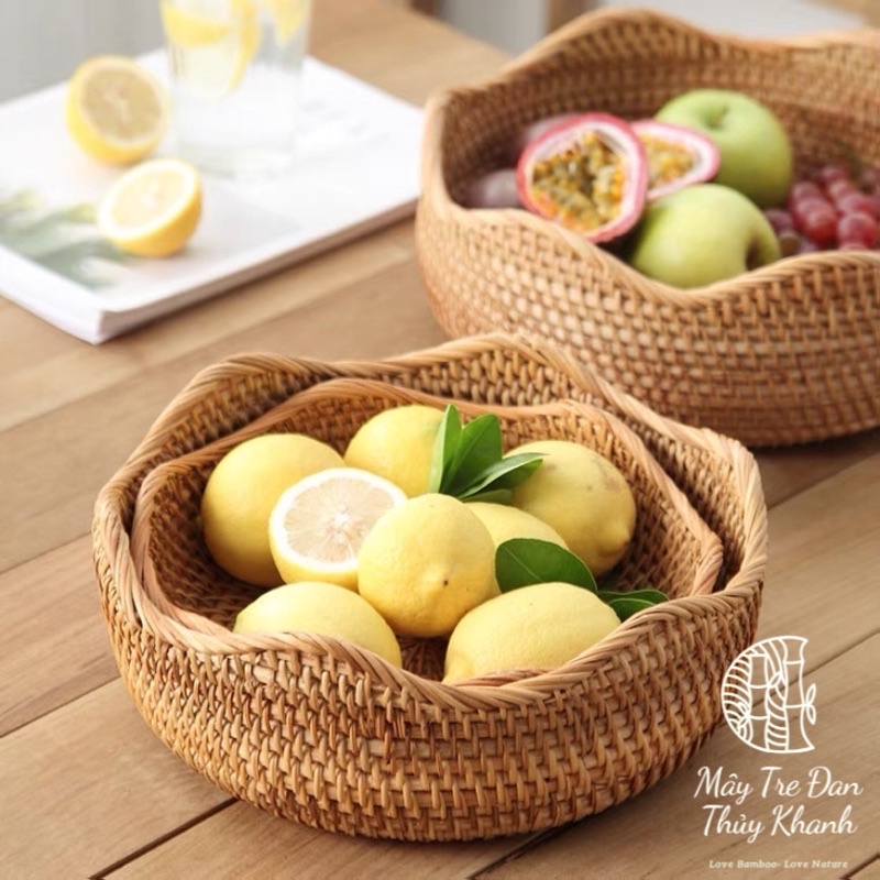 Bát mây tròn viền lượn sóng, rổ mây đựng hoa quả bánh kẹo, khay mây decor